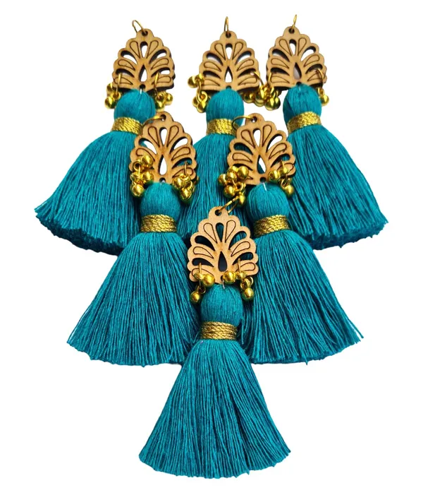 Aqua_Blue_Cotton_Handmade_Mini_Tassels_With_Wood_Leaf_&_Ghungroo_,_Pack_Of_10