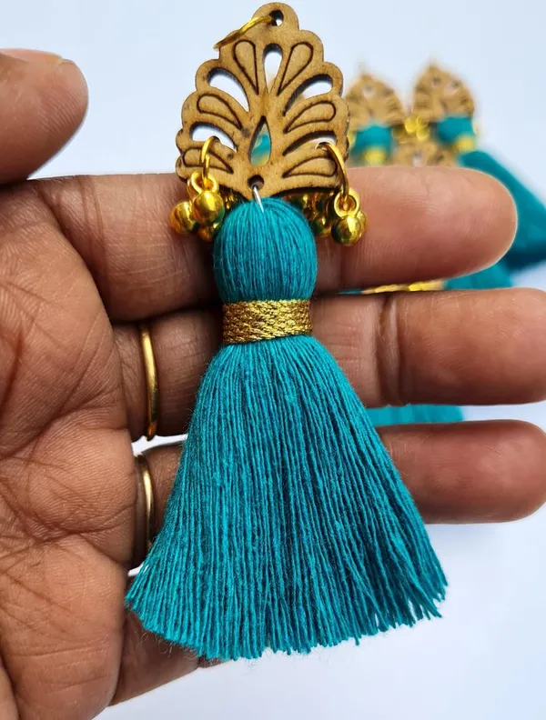 Aqua_Blue_Cotton_Handmade_Mini_Tassels_With_Wood_Leaf_&_Ghungroo_,_Pack_Of_10