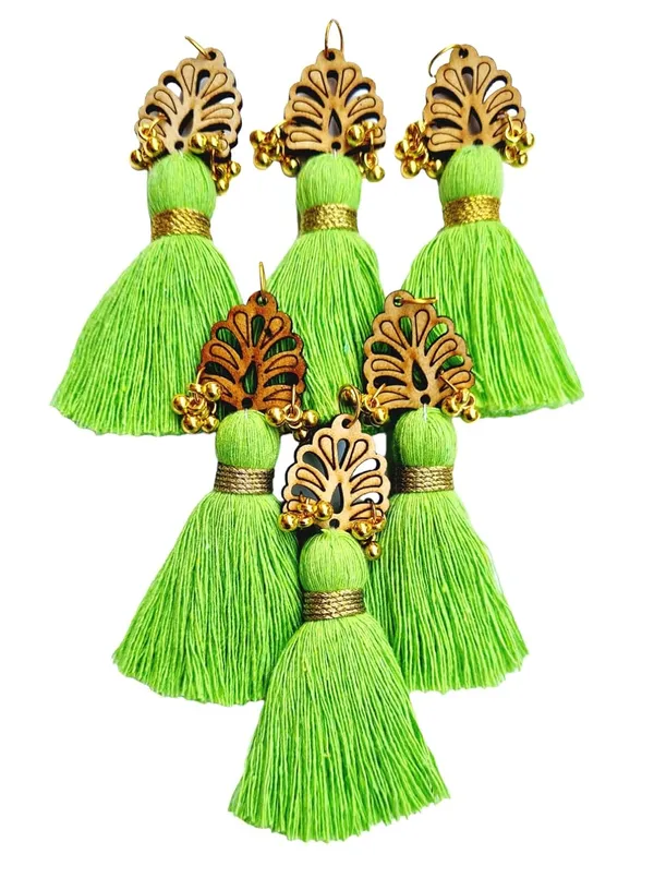 Parrot_Green_Cotton_Handmade_Mini_Tassels_With_Wood_Leaf_&_Ghungroo_,_Pack_Of_10