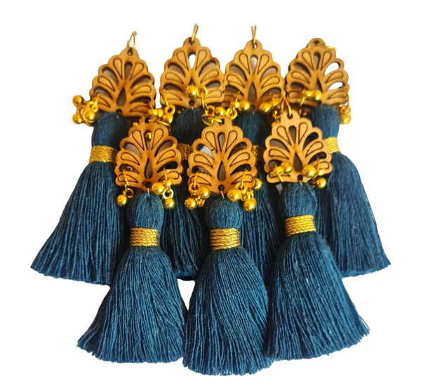 Prussian_Blue_Cotton_Handmade_Mini_Tassels_With_Wood_Leaf_&_Ghungroo_,_Pack_Of_10