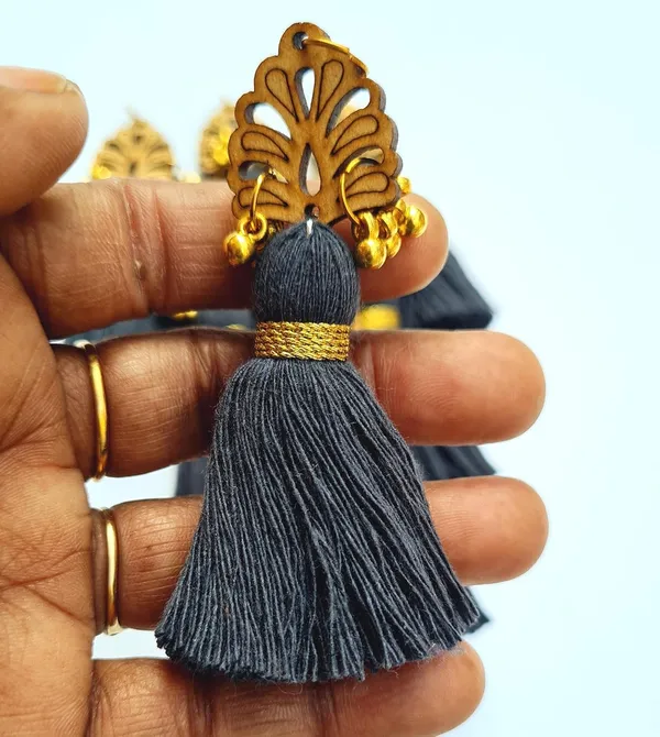 Dark_Grey_Cotton_Handmade_Mini_Tassels_With_Wood_Leaf_&_Ghungroo_,_Pack_Of_10