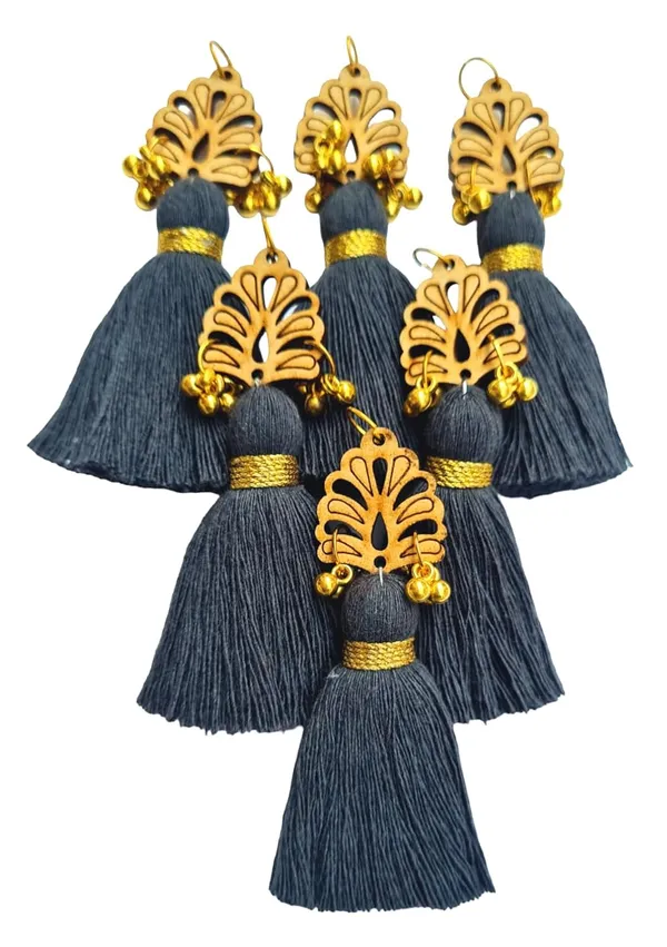 Dark_Grey_Cotton_Handmade_Mini_Tassels_With_Wood_Leaf_&_Ghungroo_,_Pack_Of_10