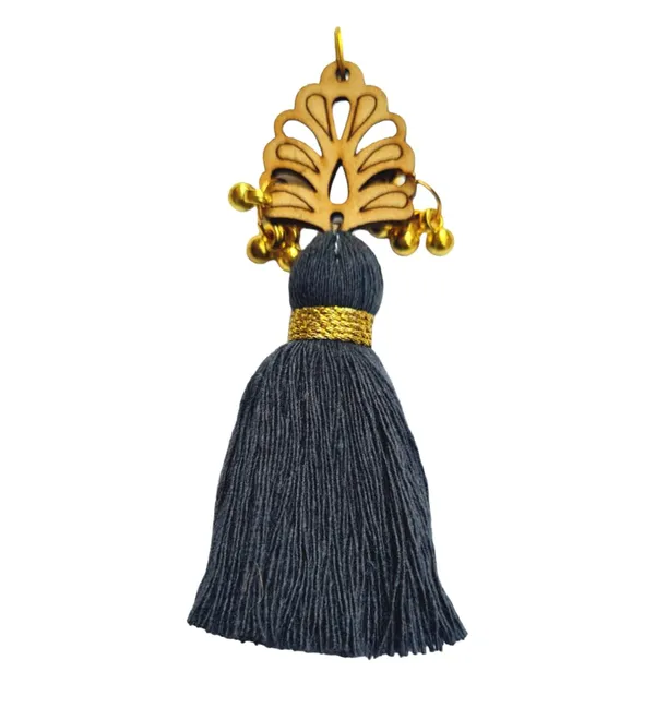 Dark_Grey_Cotton_Handmade_Mini_Tassels_With_Wood_Leaf_&_Ghungroo_,_Pack_Of_10