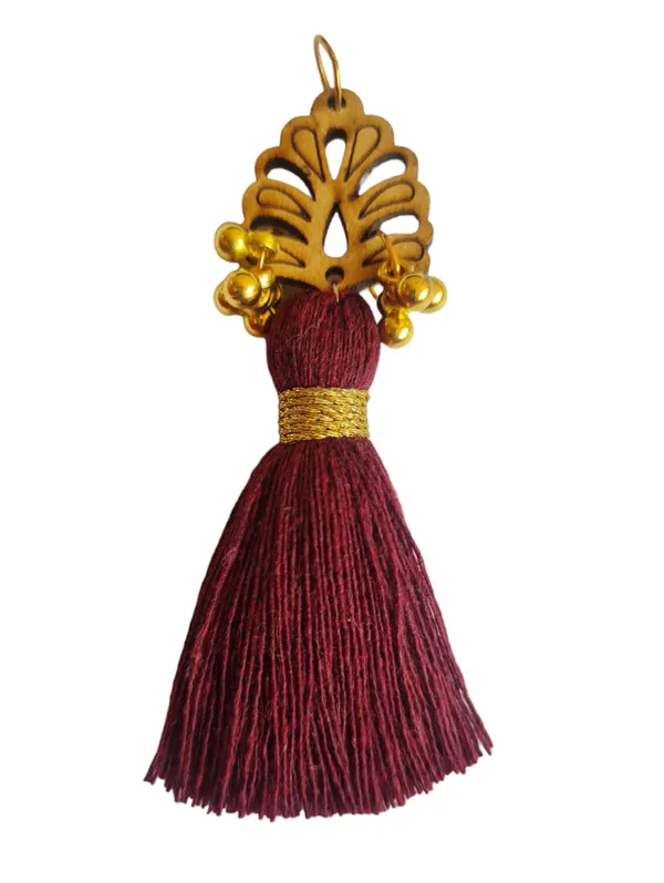 Burgundy_Cotton_Handmade_Mini_Tassels_With_Wood_Leaf_&_Ghungroo_,_Pack_Of_10