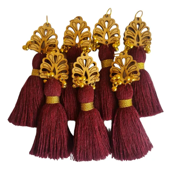 Burgundy_Cotton_Handmade_Mini_Tassels_With_Wood_Leaf_&_Ghungroo_,_Pack_Of_10