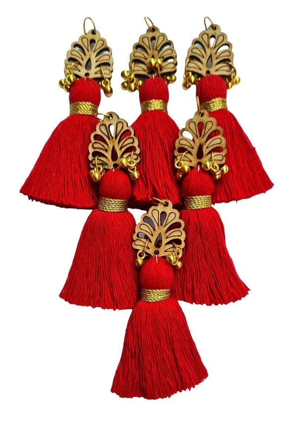Red_Cotton_Handmade_Mini_Tassels_With_Wood_Leaf_&_Ghungroo_,_Pack_Of_10