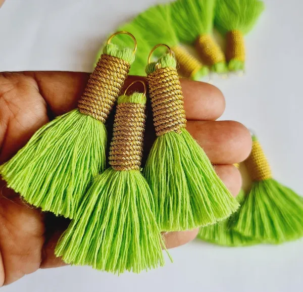 Handmade_Mini_Cotton_Tassels_with_Zari_Winding,_Pack_of_10_(Parrot_Green)