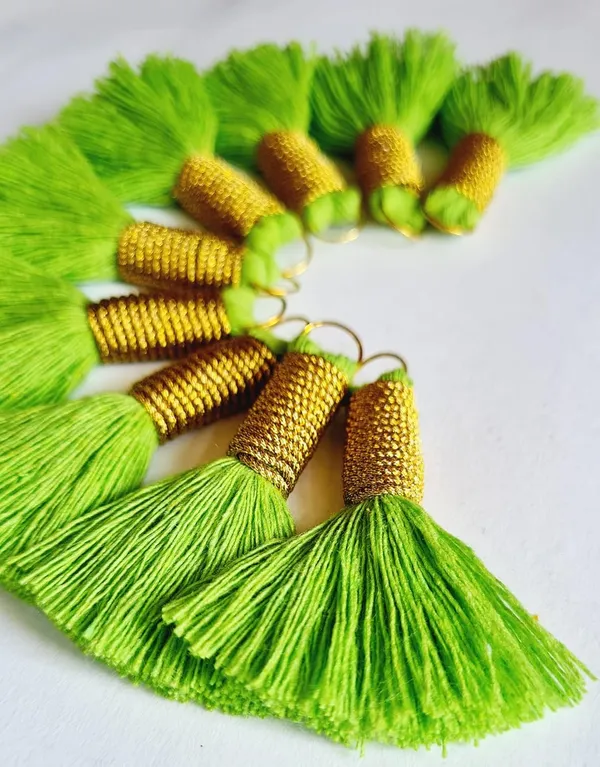 Handmade_Mini_Cotton_Tassels_with_Zari_Winding,_Pack_of_10_(Parrot_Green)