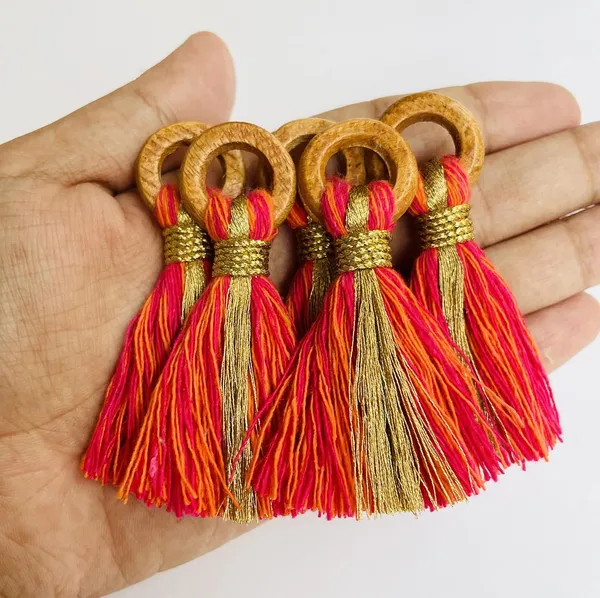 Mix_-_Orange_&_Pink_Cotton_Handmade_Mini_Tassels_With_Mini_Ring_&_Gold_Zari_,__Pack_Of_10
