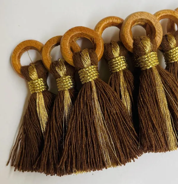 Chocolate_Brown_Cotton_Handmade_Mini_Tassels_With_Mini_Ring_&_Gold_Zari_,__Pack_Of_10