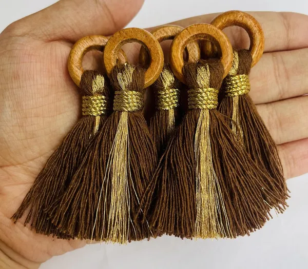Chocolate_Brown_Cotton_Handmade_Mini_Tassels_With_Mini_Ring_&_Gold_Zari_,__Pack_Of_10