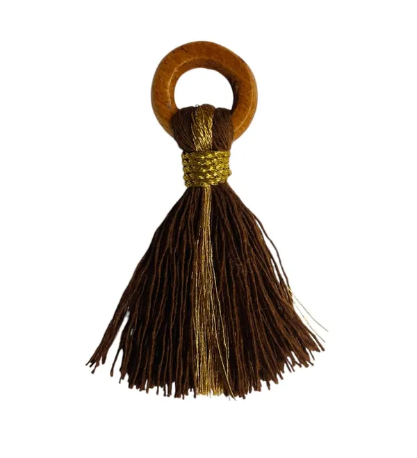 Chocolate_Brown_Cotton_Handmade_Mini_Tassels_With_Mini_Ring_&_Gold_Zari_,__Pack_Of_10
