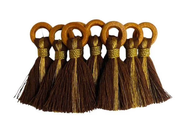 Chocolate_Brown_Cotton_Handmade_Mini_Tassels_With_Mini_Ring_&_Gold_Zari_,__Pack_Of_10