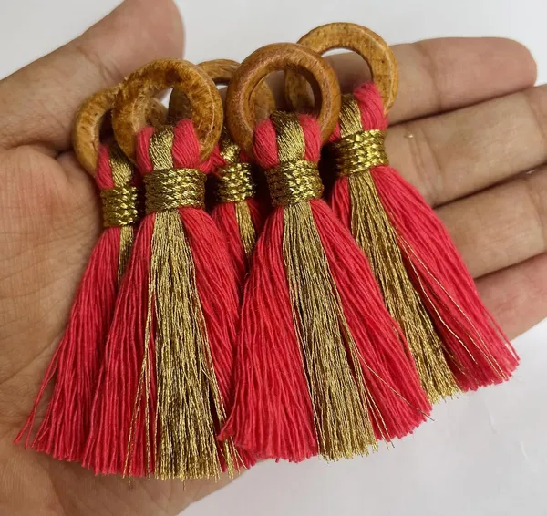 Flamingo_Pink_Cotton_Handmade_Mini_Tassels_With_Mini_Ring_&_Gold_Zari_,__Pack_Of_10