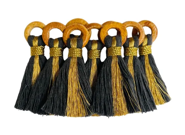 Dark_Grey_Cotton_Handmade_Mini_Tassels_With_Mini_Ring_&_Gold_Zari_,__Pack_Of_10
