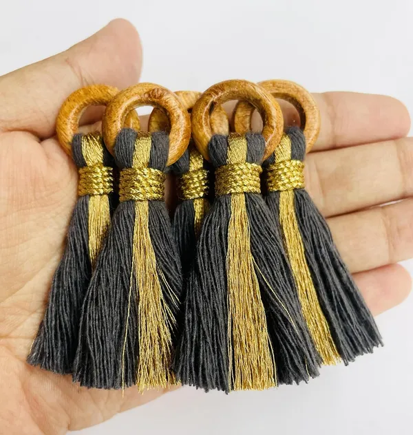 Dark_Grey_Cotton_Handmade_Mini_Tassels_With_Mini_Ring_&_Gold_Zari_,__Pack_Of_10