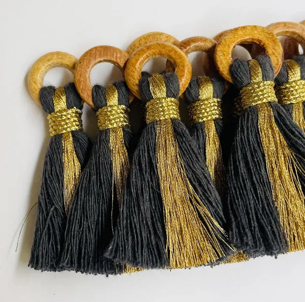 Dark_Grey_Cotton_Handmade_Mini_Tassels_With_Mini_Ring_&_Gold_Zari_,__Pack_Of_10