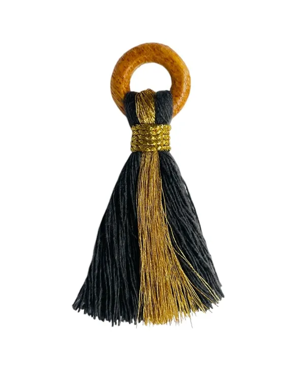 Dark_Grey_Cotton_Handmade_Mini_Tassels_With_Mini_Ring_&_Gold_Zari_,__Pack_Of_10