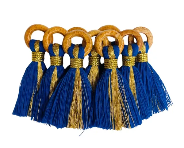Royal_Blue_Cotton_Handmade_Mini_Tassels_With_Mini_Ring_&_Gold_Zari_,__Pack_Of_10