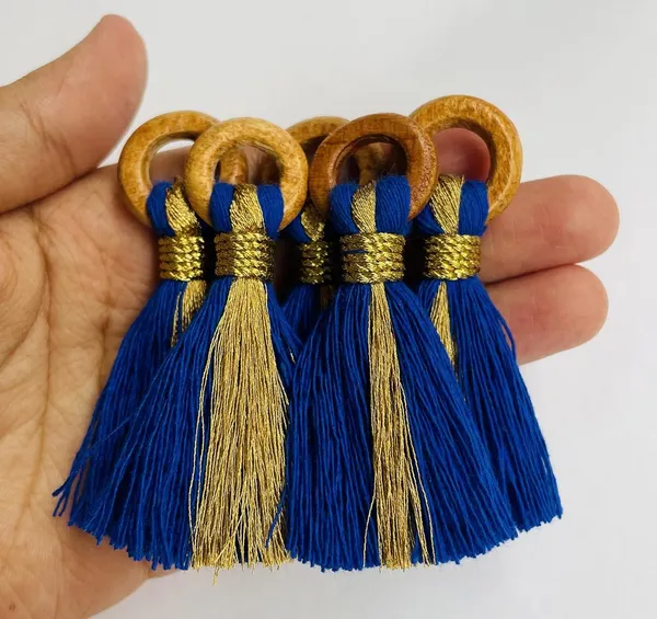 Royal_Blue_Cotton_Handmade_Mini_Tassels_With_Mini_Ring_&_Gold_Zari_,__Pack_Of_10