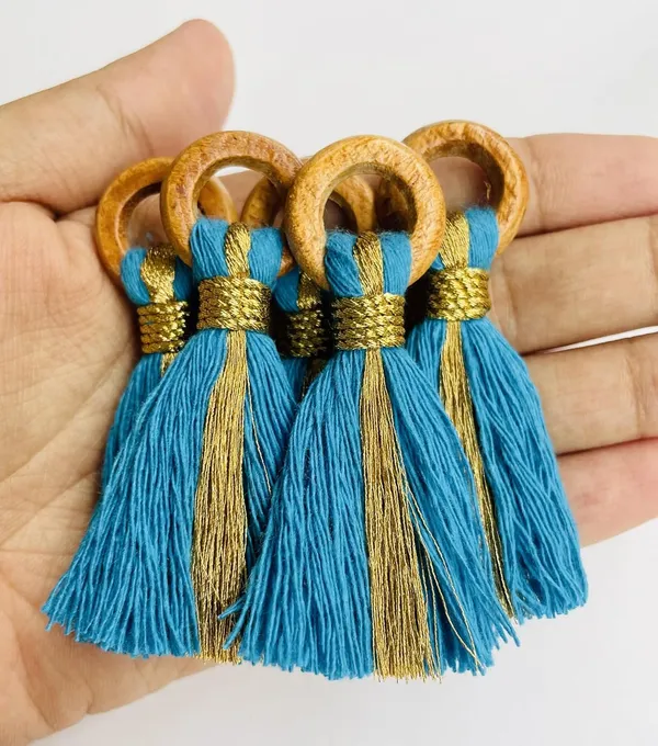 Firozi_Cotton_Handmade_Mini_Tassels_With_Mini_Ring_&_Gold_Zari_,__Pack_Of_10