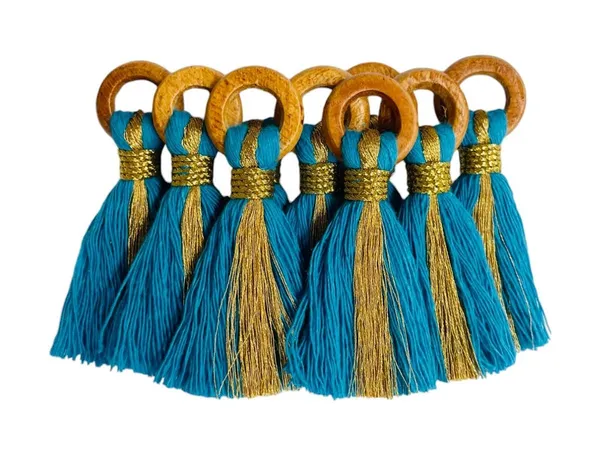 Firozi_Cotton_Handmade_Mini_Tassels_With_Mini_Ring_&_Gold_Zari_,__Pack_Of_10