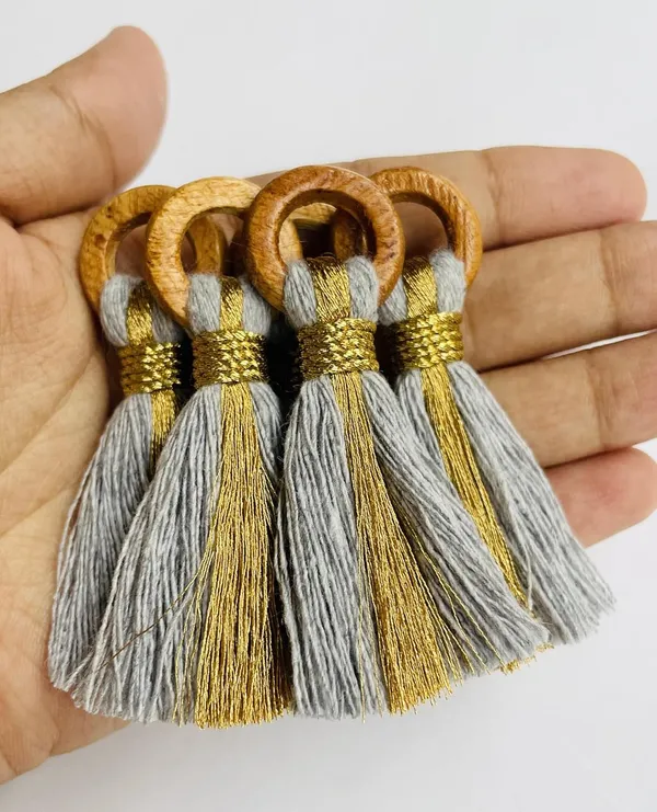 Grey_Cotton_Handmade_Mini_Tassels_With_Mini_Ring_&_Gold_Zari_,__Pack_Of_10
