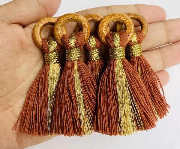 Rust_Brown_Cotton_Handmade_Mini_Tassels_With_Mini_Ring_&_Gold_Zari_,__Pack_Of_10