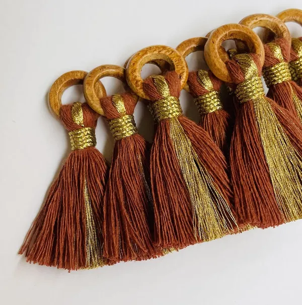 Rust_Brown_Cotton_Handmade_Mini_Tassels_With_Mini_Ring_&_Gold_Zari_,__Pack_Of_10