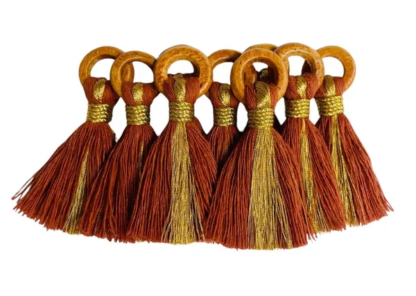 Rust_Brown_Cotton_Handmade_Mini_Tassels_With_Mini_Ring_&_Gold_Zari_,__Pack_Of_10