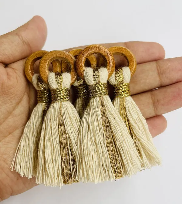 Off-White_Cotton_Handmade_Mini_Tassels_With_Mini_Ring_&_Gold_Zari_,__Pack_Of_10
