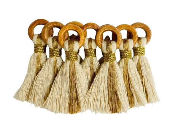 Off-White_Cotton_Handmade_Mini_Tassels_With_Mini_Ring_&_Gold_Zari_,__Pack_Of_10