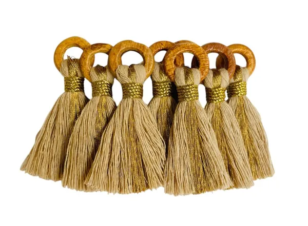 Light_Beige_Cotton_Handmade_Mini_Tassels_With_Mini_Ring_&_Gold_Zari_,__Pack_Of_10