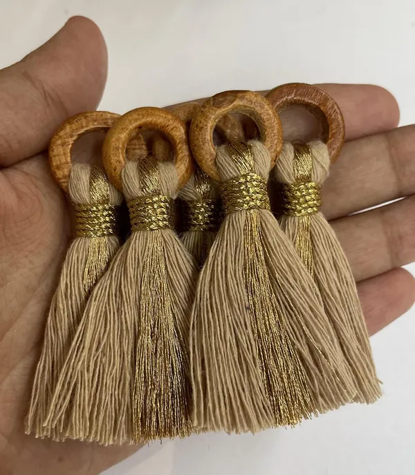 Light_Beige_Cotton_Handmade_Mini_Tassels_With_Mini_Ring_&_Gold_Zari_,__Pack_Of_10