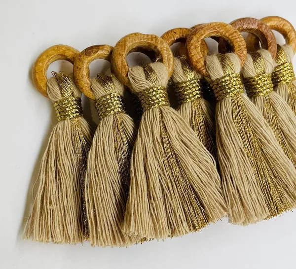 Light_Beige_Cotton_Handmade_Mini_Tassels_With_Mini_Ring_&_Gold_Zari_,__Pack_Of_10