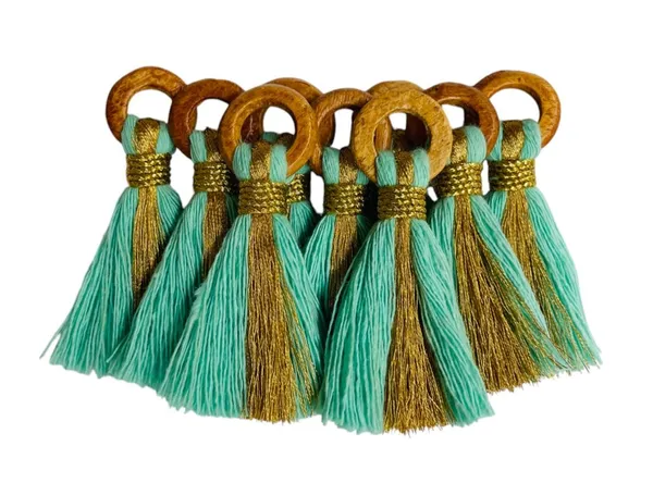 Turquoise_Blue_Cotton_Handmade_Mini_Tassels_With_Mini_Ring_&_Gold_Zari_,__Pack_Of_10
