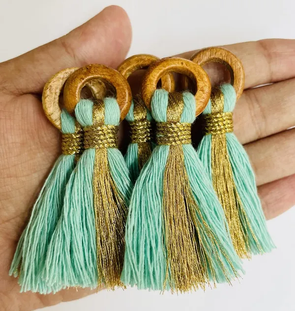 Turquoise_Blue_Cotton_Handmade_Mini_Tassels_With_Mini_Ring_&_Gold_Zari_,__Pack_Of_10