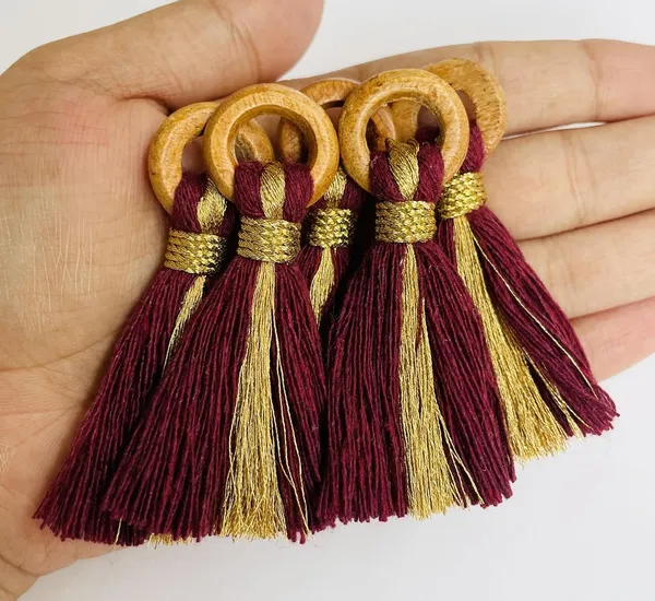 Burgundy_Cotton_Handmade_Mini_Tassels_With_Mini_Ring_&_Gold_Zari_,__Pack_Of_10