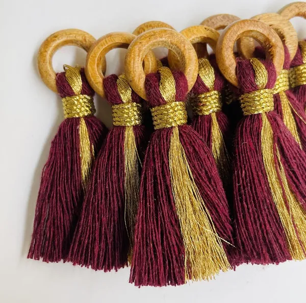 Burgundy_Cotton_Handmade_Mini_Tassels_With_Mini_Ring_&_Gold_Zari_,__Pack_Of_10