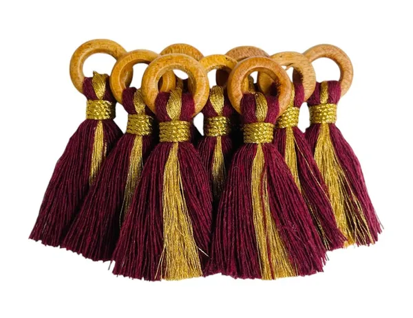 Burgundy_Cotton_Handmade_Mini_Tassels_With_Mini_Ring_&_Gold_Zari_,__Pack_Of_10