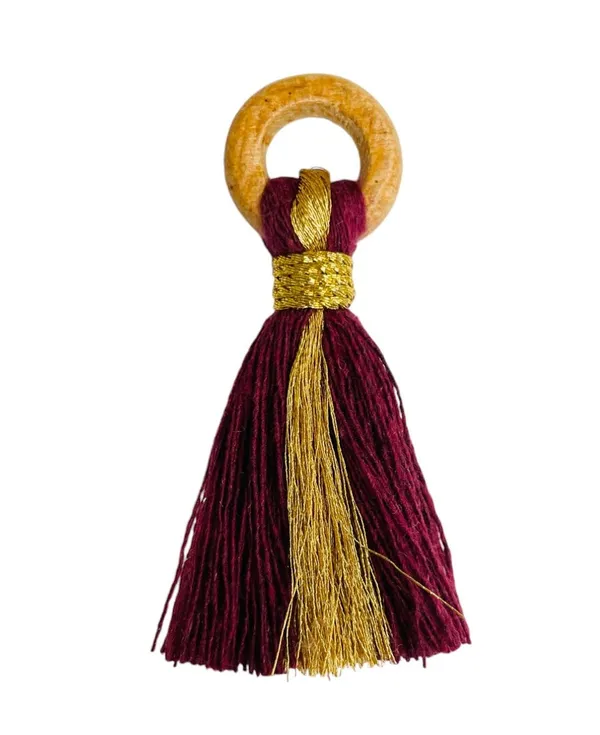 Burgundy_Cotton_Handmade_Mini_Tassels_With_Mini_Ring_&_Gold_Zari_,__Pack_Of_10