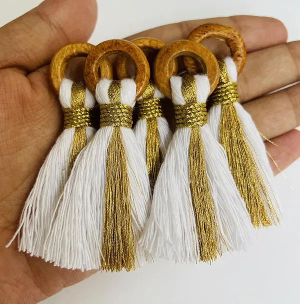 White_Cotton_Handmade_Mini_Tassels_With_Mini_Ring_&_Gold_Zari_,__Pack_Of_10