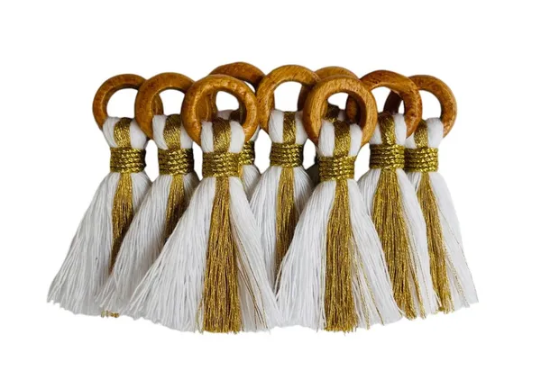 White_Cotton_Handmade_Mini_Tassels_With_Mini_Ring_&_Gold_Zari_,__Pack_Of_10