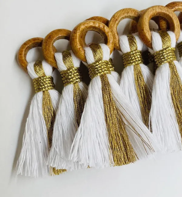 White_Cotton_Handmade_Mini_Tassels_With_Mini_Ring_&_Gold_Zari_,__Pack_Of_10