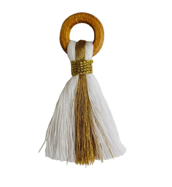 White_Cotton_Handmade_Mini_Tassels_With_Mini_Ring_&_Gold_Zari_,__Pack_Of_10