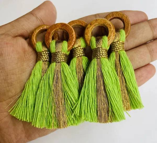 Parrot_Green_Cotton_Handmade_Mini_Tassels_With_Mini_Ring_&_Gold_Zari_,__Pack_Of_10