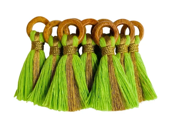 Parrot_Green_Cotton_Handmade_Mini_Tassels_With_Mini_Ring_&_Gold_Zari_,__Pack_Of_10
