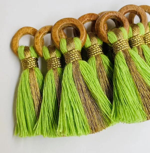 Parrot_Green_Cotton_Handmade_Mini_Tassels_With_Mini_Ring_&_Gold_Zari_,__Pack_Of_10