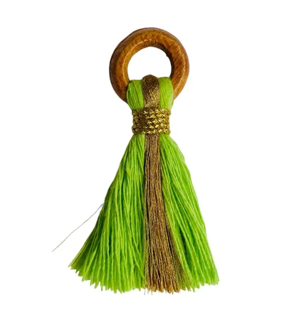 Parrot_Green_Cotton_Handmade_Mini_Tassels_With_Mini_Ring_&_Gold_Zari_,__Pack_Of_10