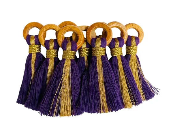 Dark_Purple_Cotton_Handmade_Mini_Tassels_With_Mini_Ring_&_Gold_Zari_,__Pack_Of_10